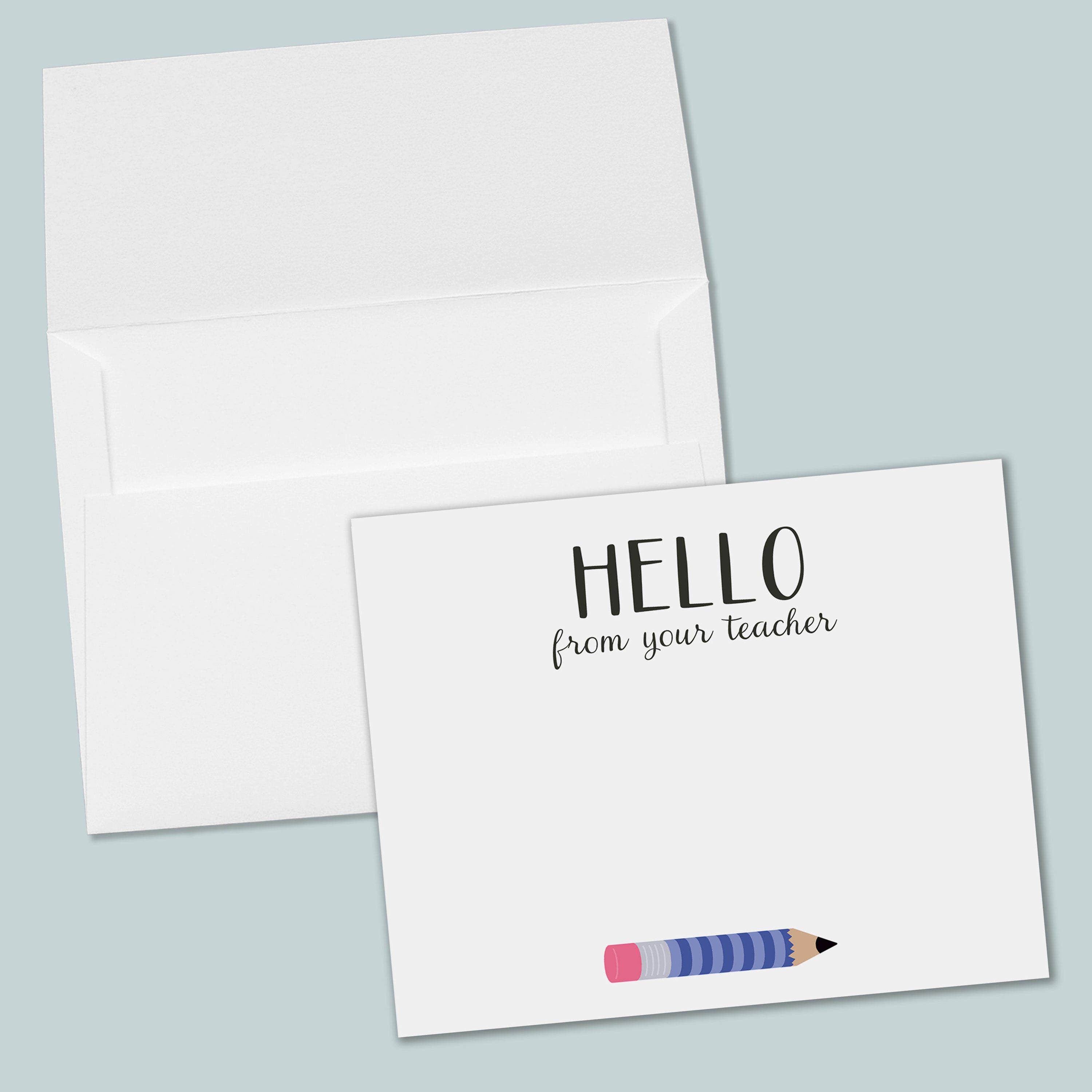 Teacher Hello Flat Note Cards, Blue Pencil - Box of 12
