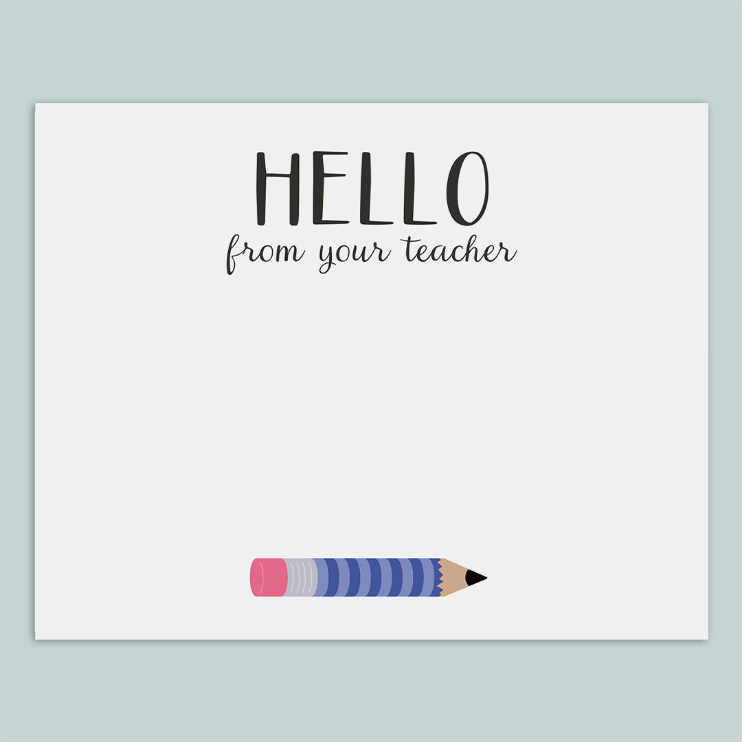 Teacher Hello Flat Note Cards, Blue Pencil - Box of 12