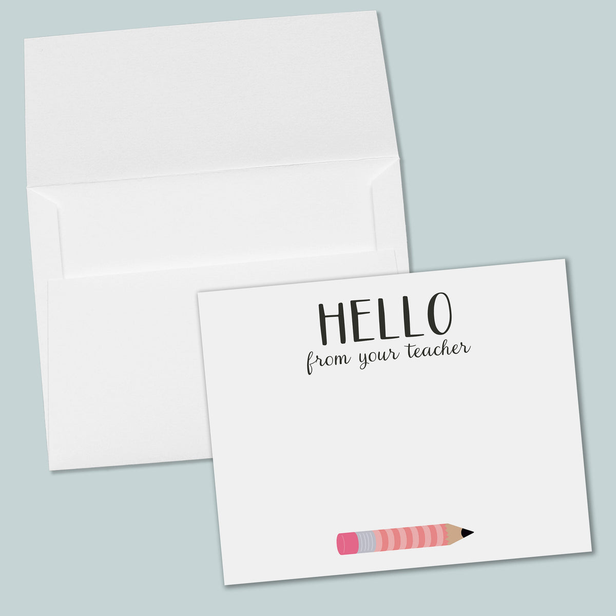 Teacher Hello Flat Note Cards, Pink Pencil - Box of 12