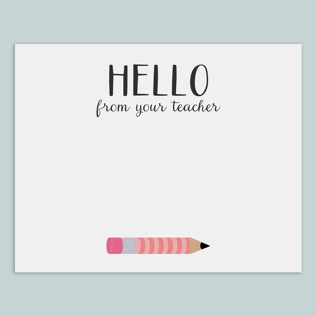 Teacher Hello Flat Note Cards, Pink Pencil - Box of 12