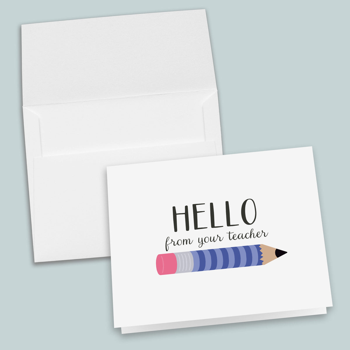 Teacher Hello Folded Note Cards, Blue Pencil - Box of 8