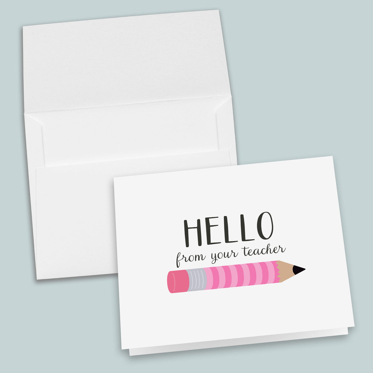 Teacher Hello Folded Note Cards, Pink Pencil - Box of 8