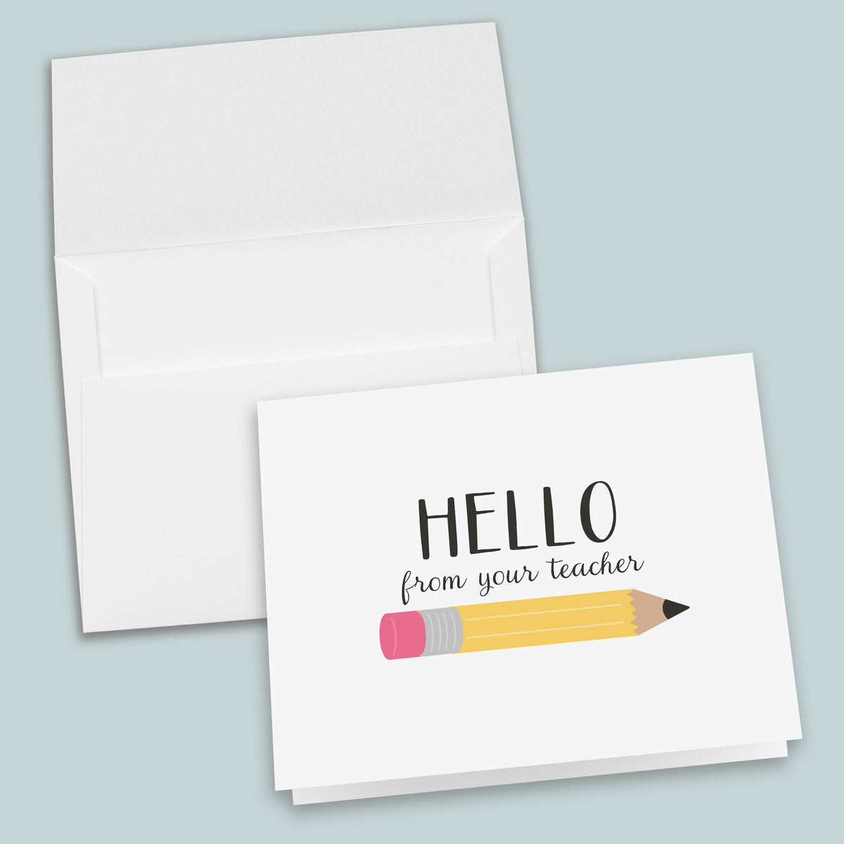 Teacher Hello Folded Note Cards, Yellow Pencil - Box of 8