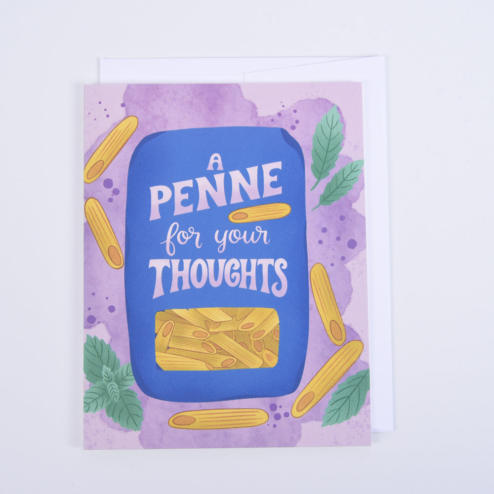 A folded greeting card with a colorful illustration of a package of pasta with penne noodles and basil leaves, and the text &