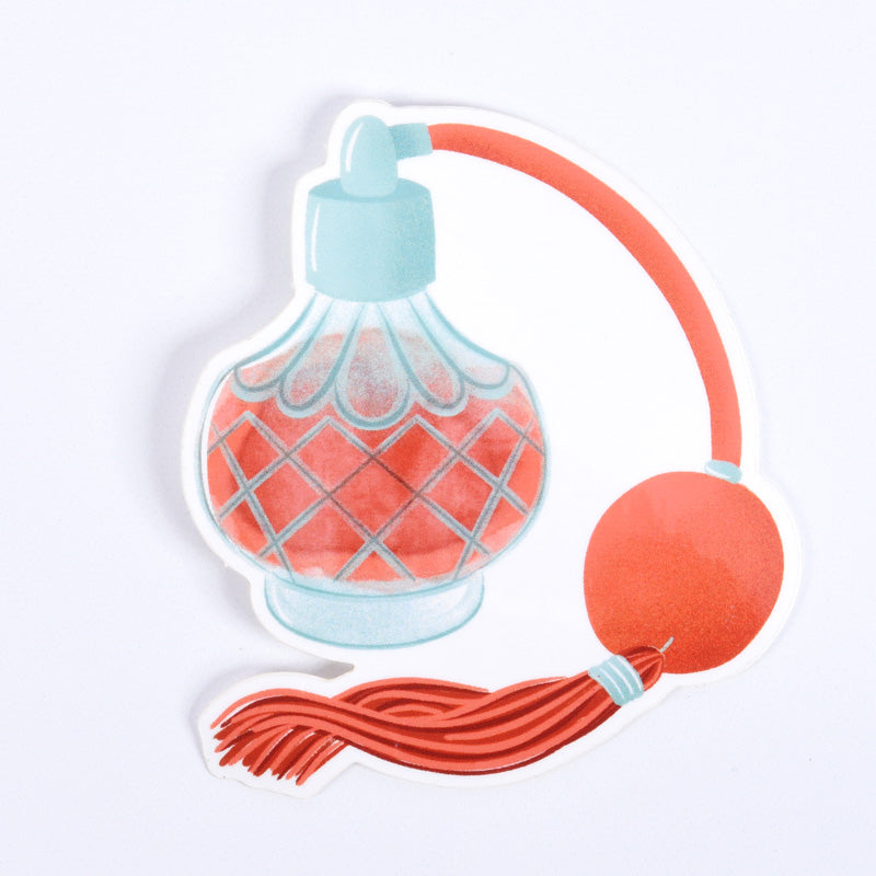 A decorative sticker featuring a stylized pink and orange perfume bottle with a pump and a red ribbon.