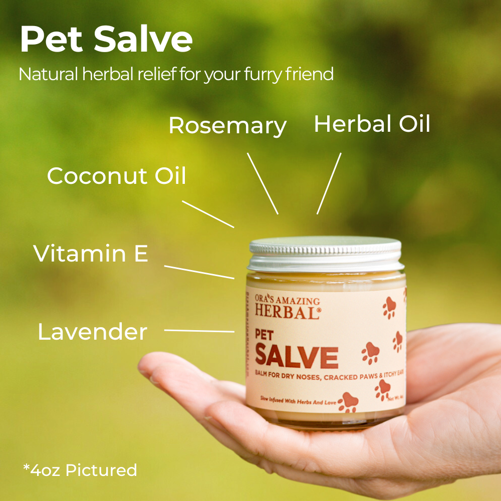Pet Salve 4oz Lifestyle Outdoor Ingredient Infographic in Human Hand