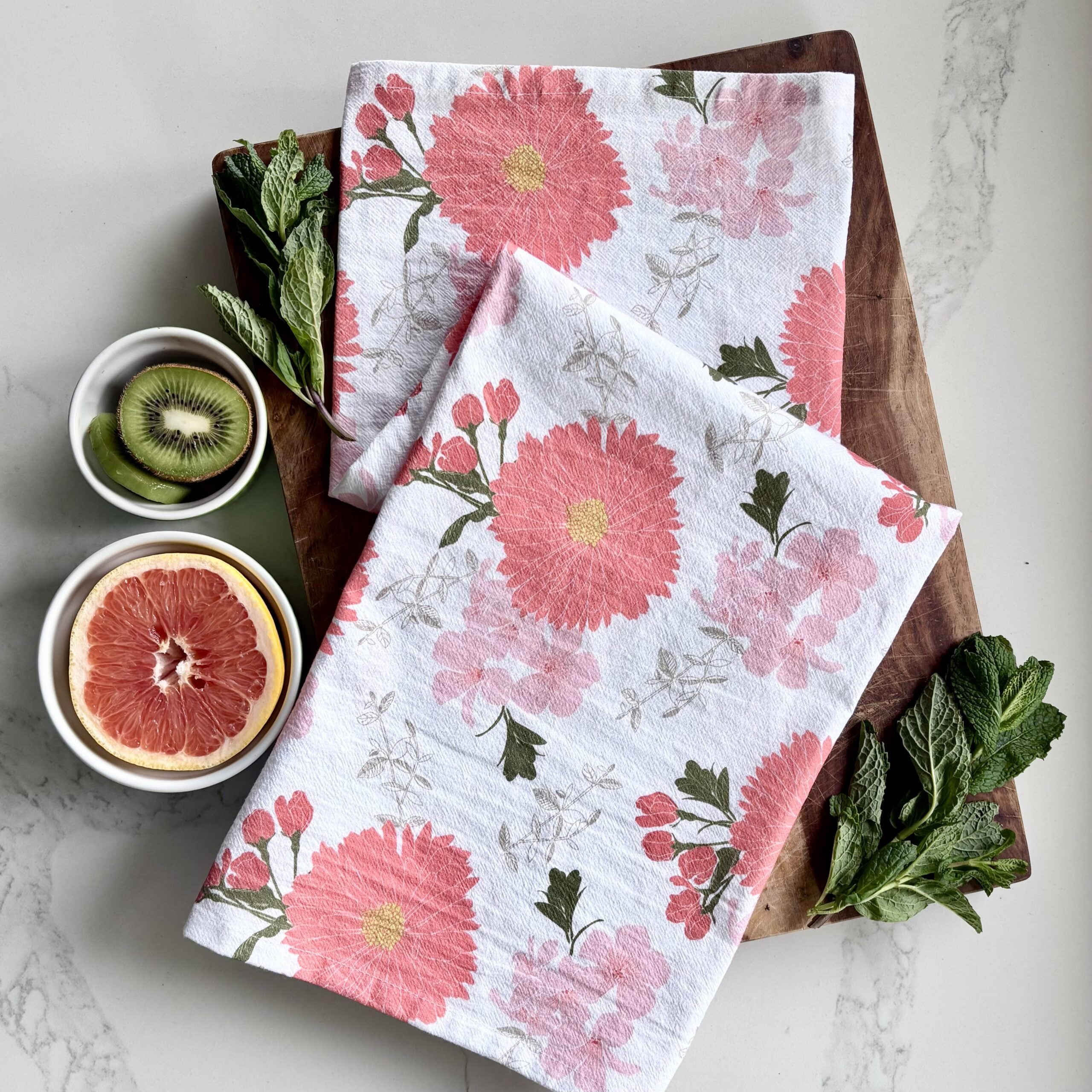 Coral Floral Tea Towel