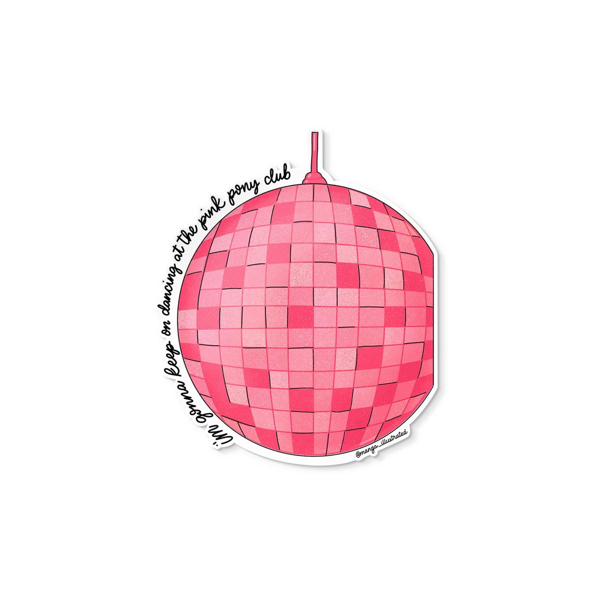 Pink pony disco ball sticker flat lay — waterproof pop culture sticker for laptops and water bottles by indie artist MangoIllustrated