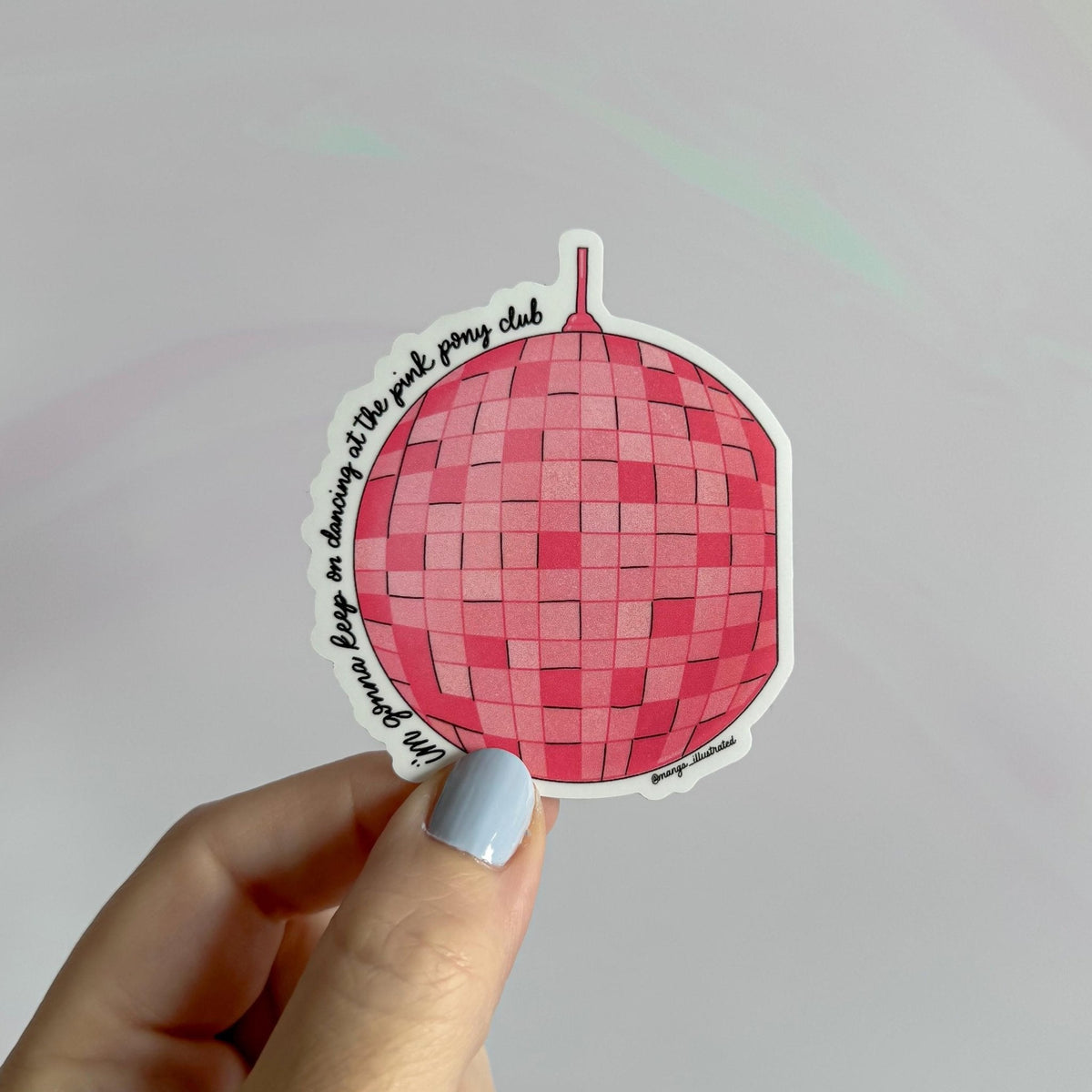 Pink pony disco ball sticker alternate view — weatherproof vinyl sticker for planners and journals by indie artist MangoIllustrated