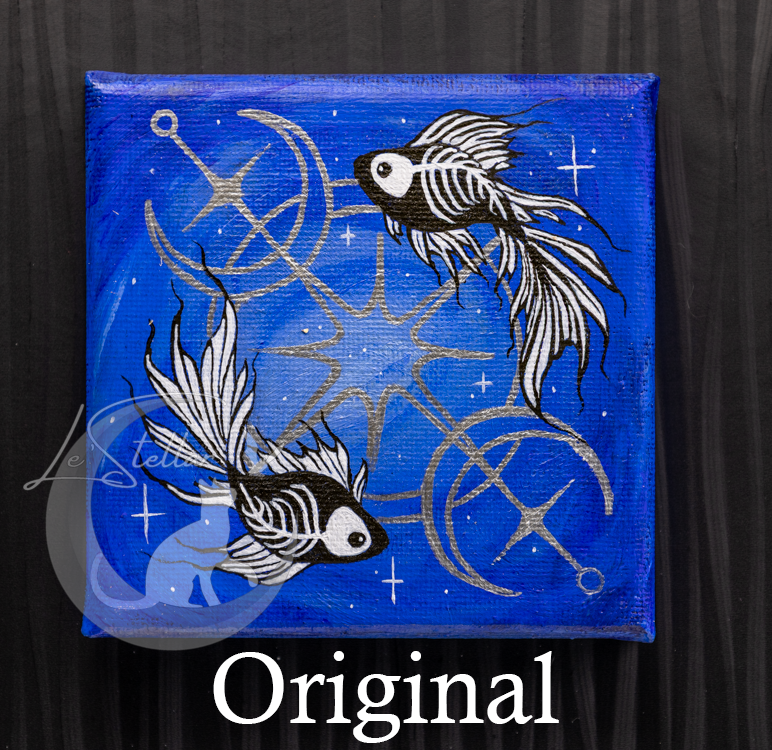Pisces Skeleton Betta Fish Print with Celestial Moon Accents, Zodiac Series