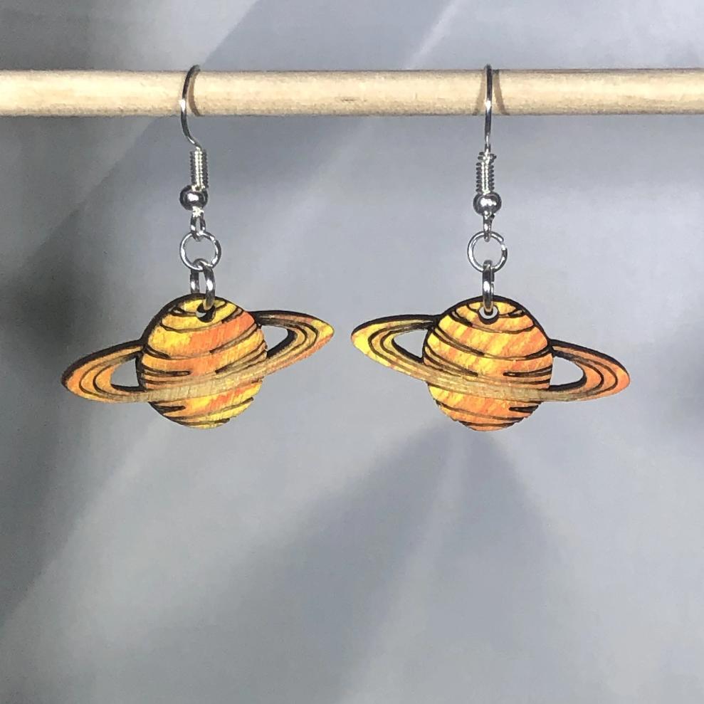 Planet Saturn Wooden Dangle Earrings - - Cate&