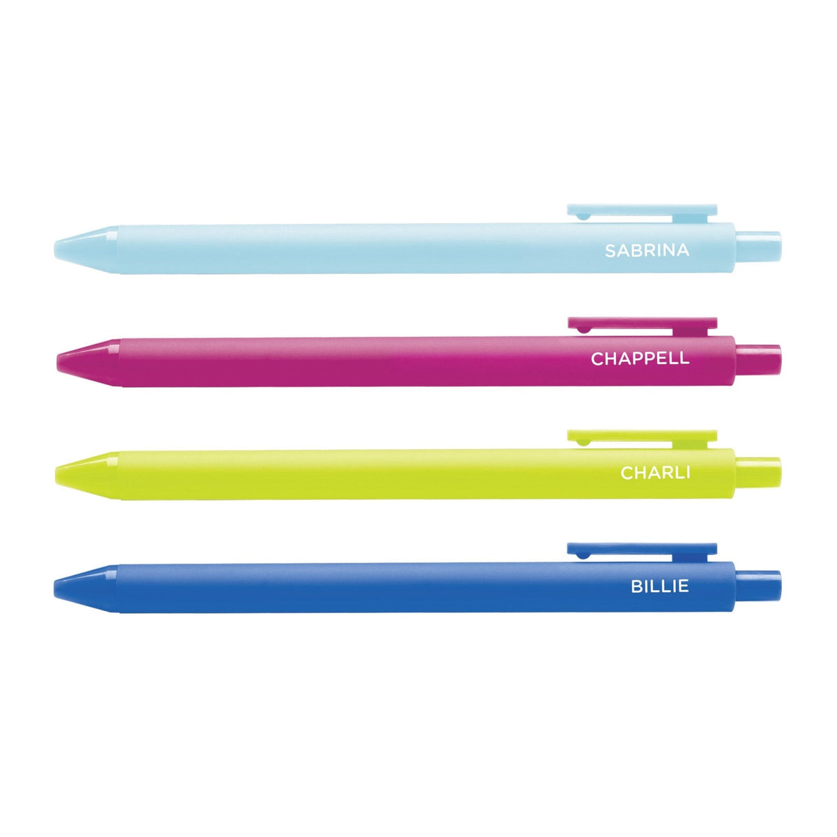 Pop Girlies pen set — 4 jotter gel pens in powder blue, pink, citron and electric blue named for pop icons, 0.5mm fine point, by MangoIllustrated