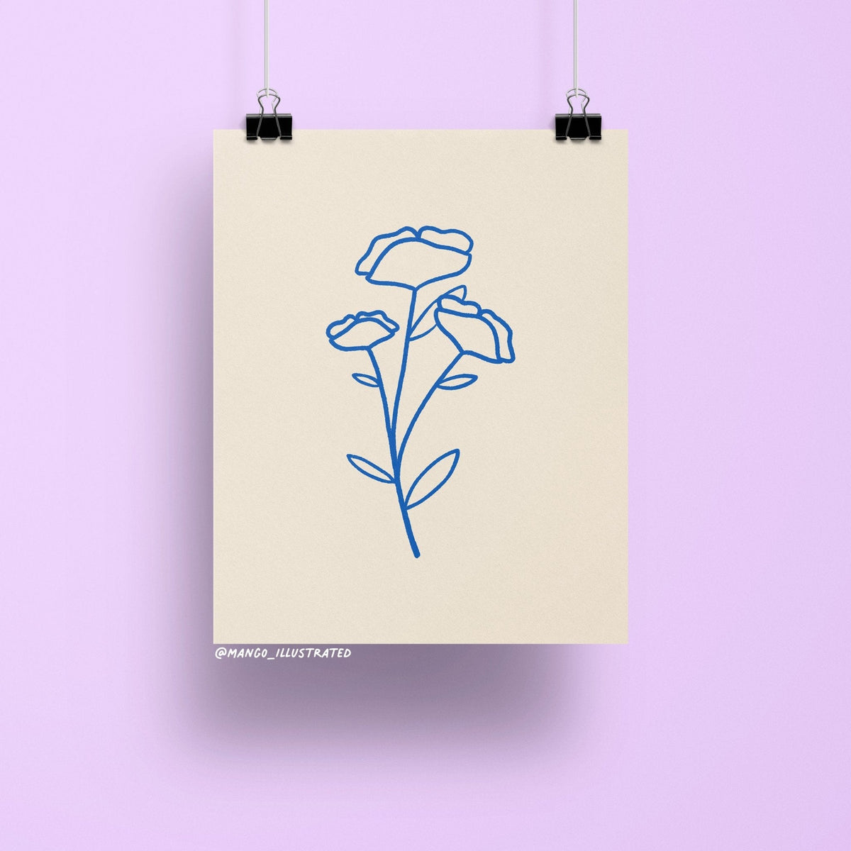 Poppies art print — minimalist cobalt blue line art poppy stems on a neutral background, 8 x 10 in, by MangoIllustrated