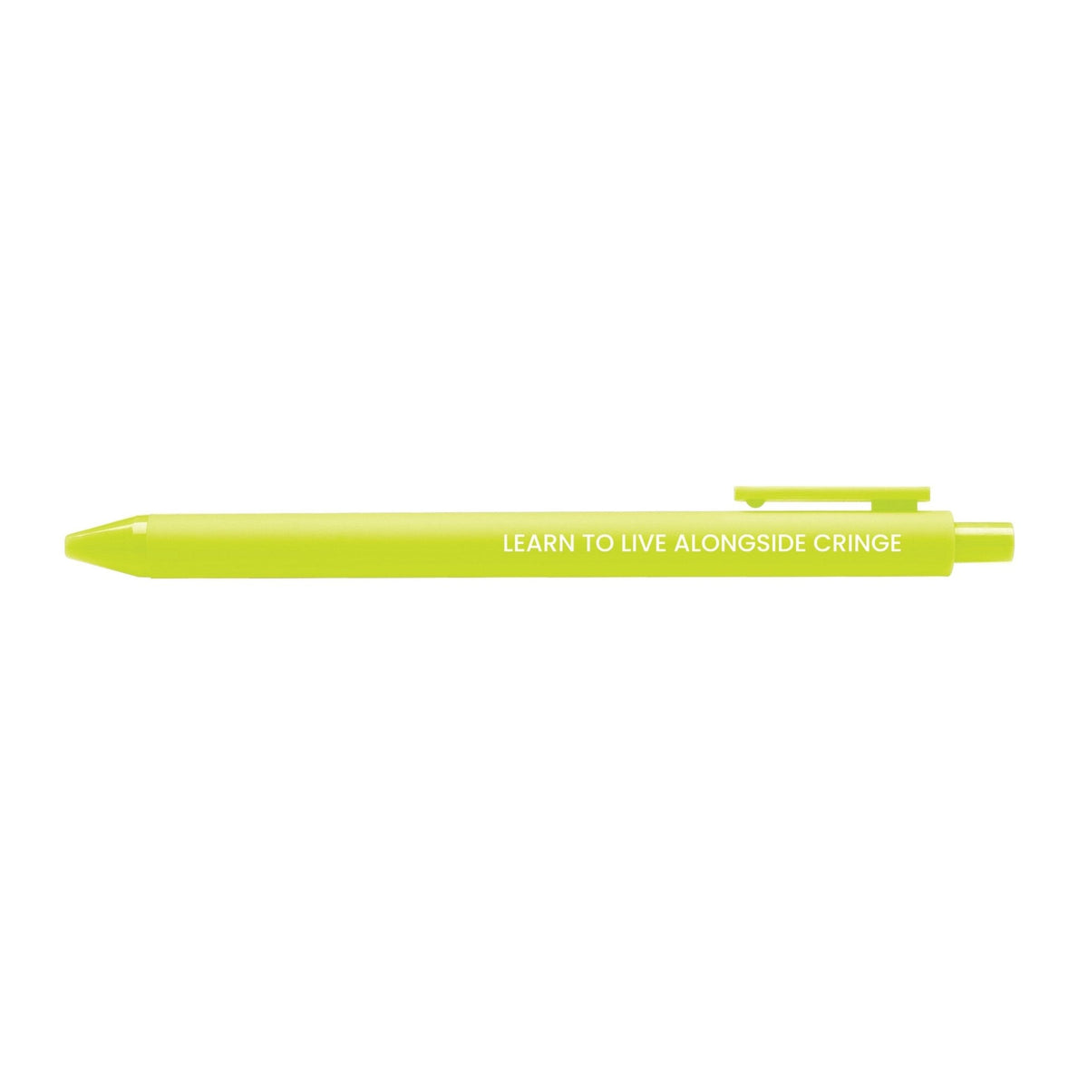 Learn To Live Alongside Cringe pen — citron barrel with white printed lettering, 0.5mm fine point, by MangoIllustrated
