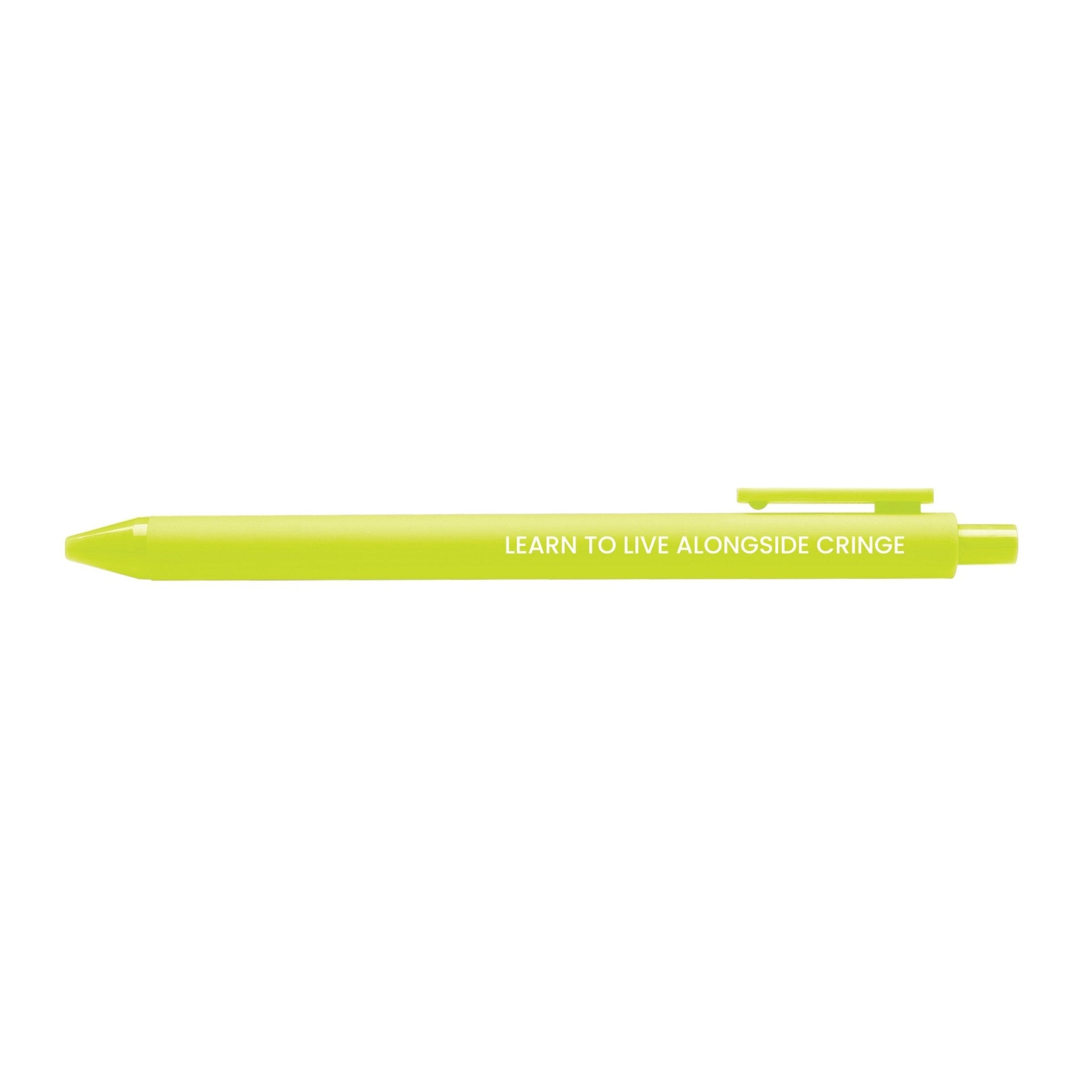 Citron pen with the inspirational quote “Learn to live alongside cringe” printed in white, inspired by Taylor&