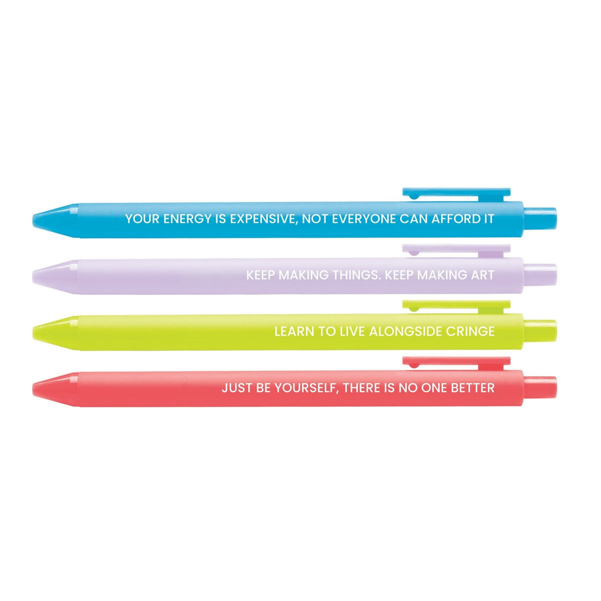Swift Affirmations pen set flat lay — Your energy is expensive and Keep making art jotter pens by indie artist MangoIllustrated