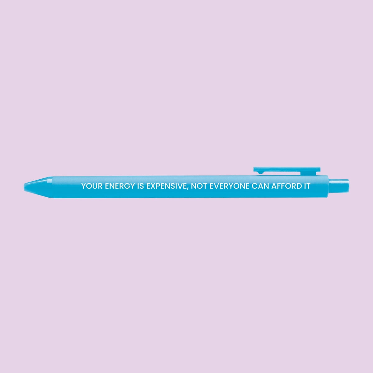 Your Energy is Expensive pen flat lay — blue affirmation gel pen with black ink by indie artist MangoIllustrated