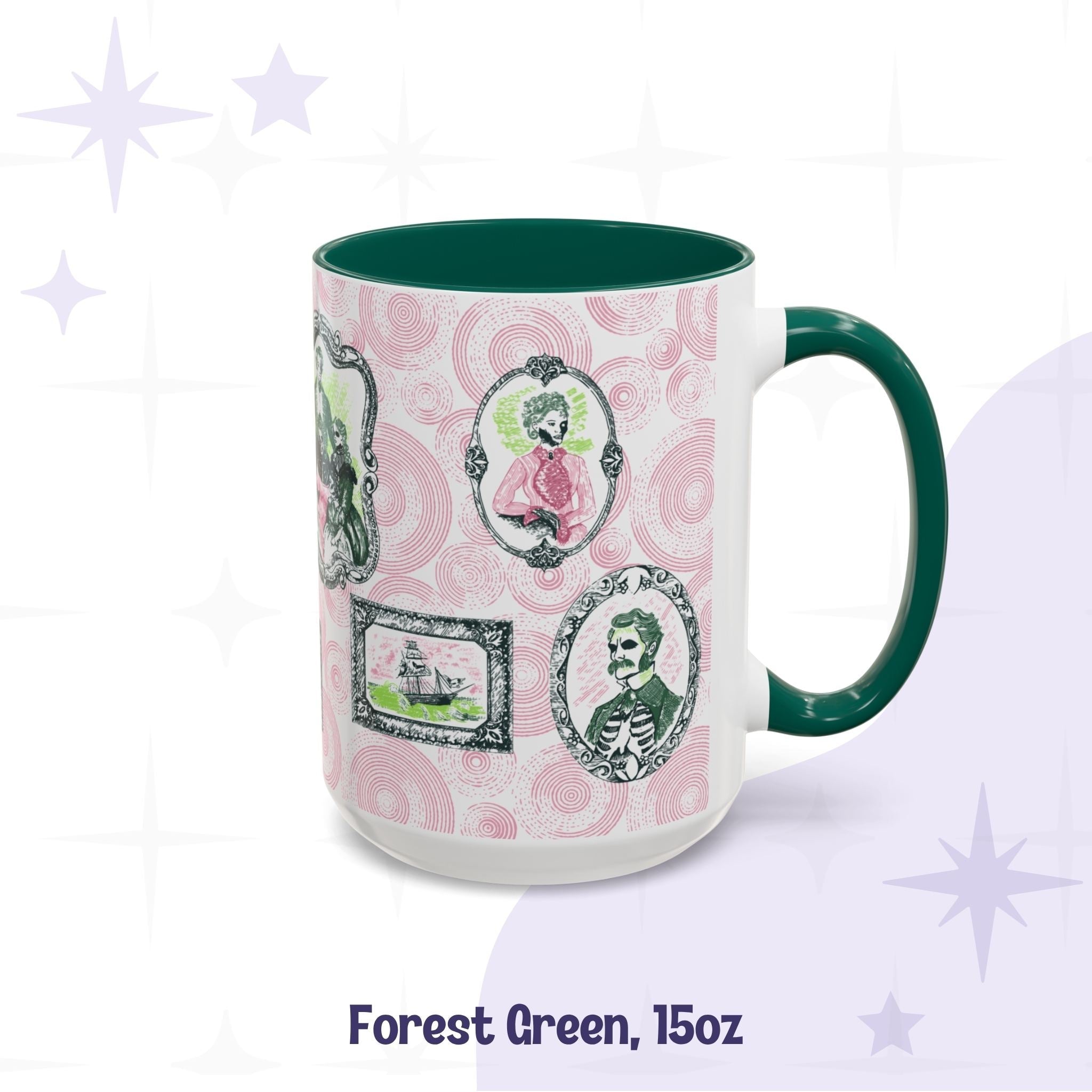 Forest green 15oz preppy portrait mug, pink and green gallery of skull-faced Victorian ancestors on a rose spiral ground