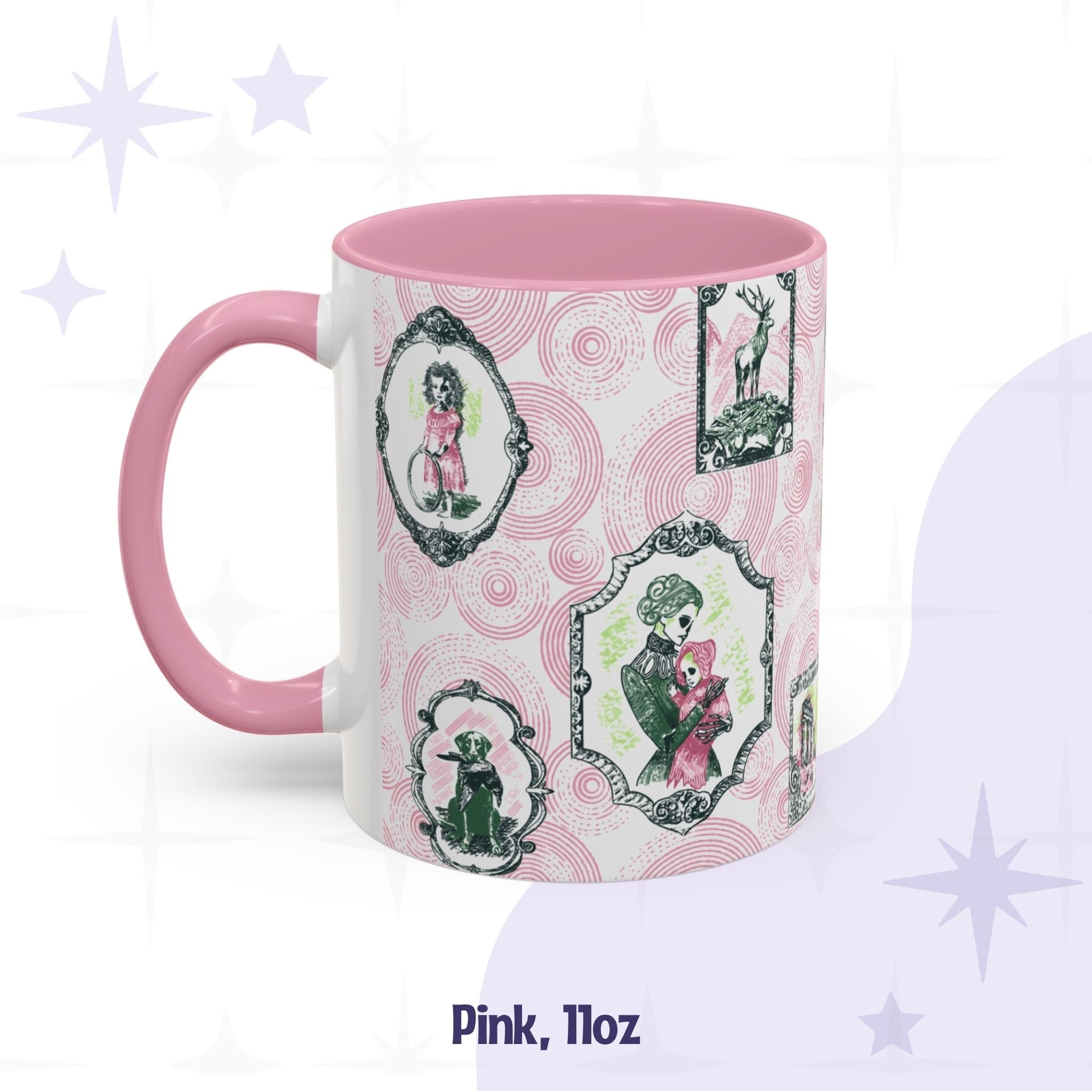 Pink 11oz preppy portrait mug showing the hoop girl, a stag on bones, and a mother cradling a hooded child, all skull-faced
