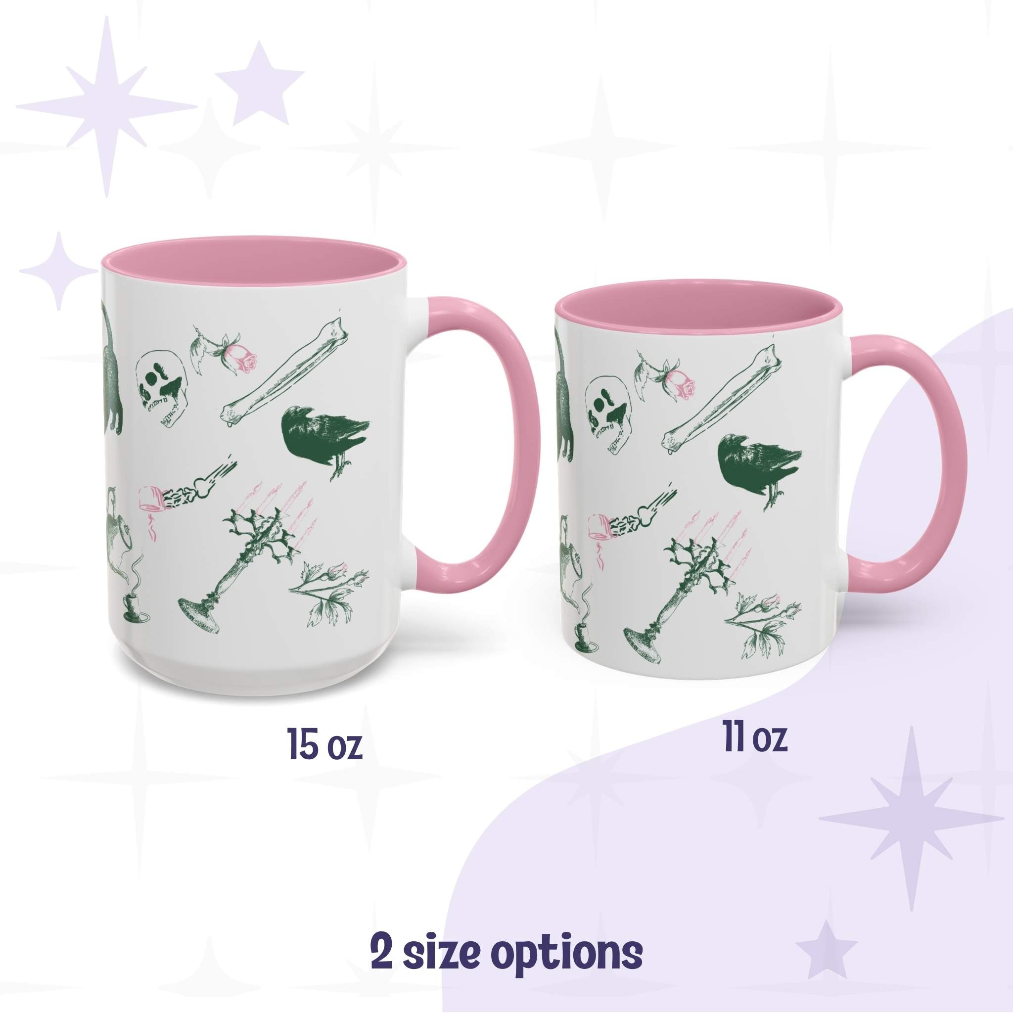 Two pink-handled preppy skull and bones mugs in 15oz and 11oz, green and pink macabre scatter print wrapping the ceramic