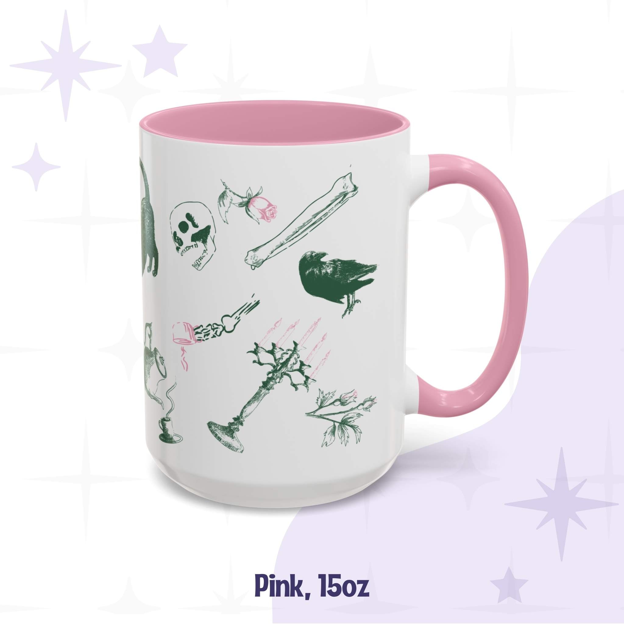 Pink 15oz preppy skull and bones mug, green and pink scatter of a black cat, a skull, a raven, roses, and a candelabra on white