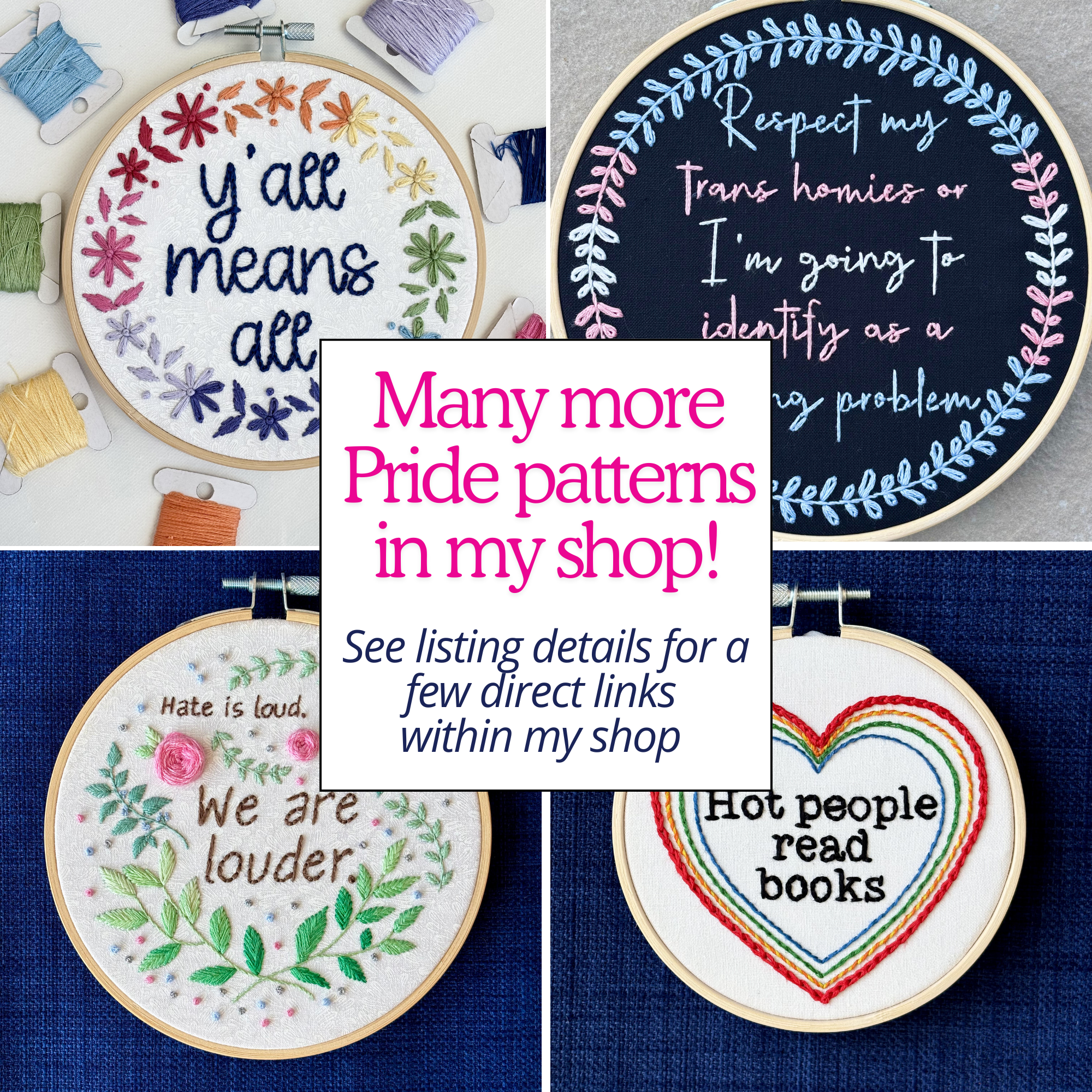 Many more Pride patterns in my shop! See listing details for a few direct links within my shop. 4 embroidery hoops displayed as wall art. Y&