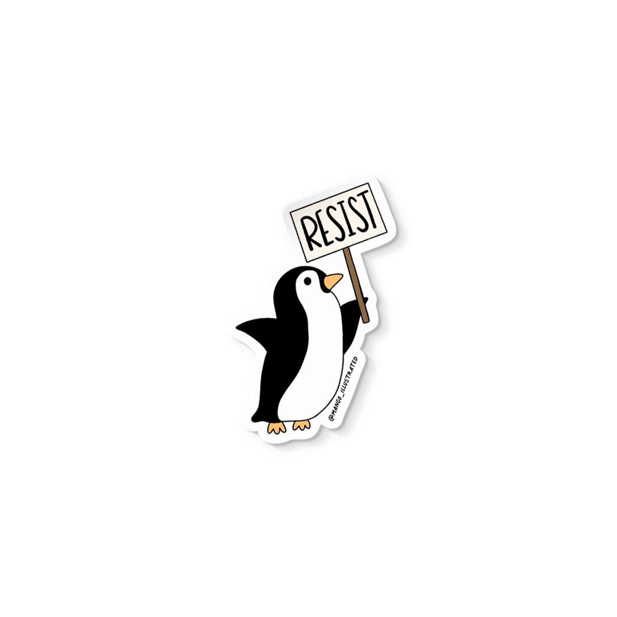 Protesting Penguin sticker flat lay — cute activism laptop and water bottle sticker by indie artist MangoIllustrated