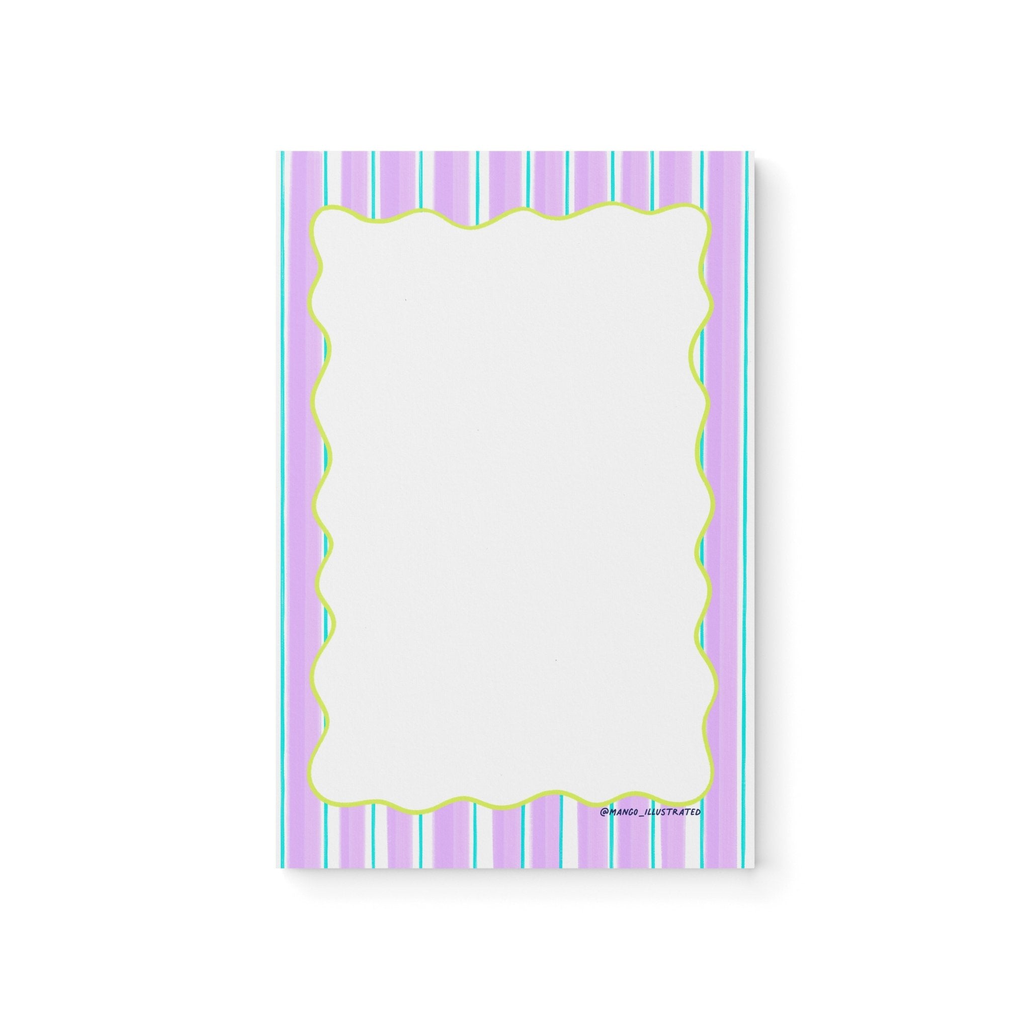 Purple Stripes Notepad — lavender striped border with lime squiggle frame and blank center, 8.5 x 5.5 inches, by MangoIllustrated