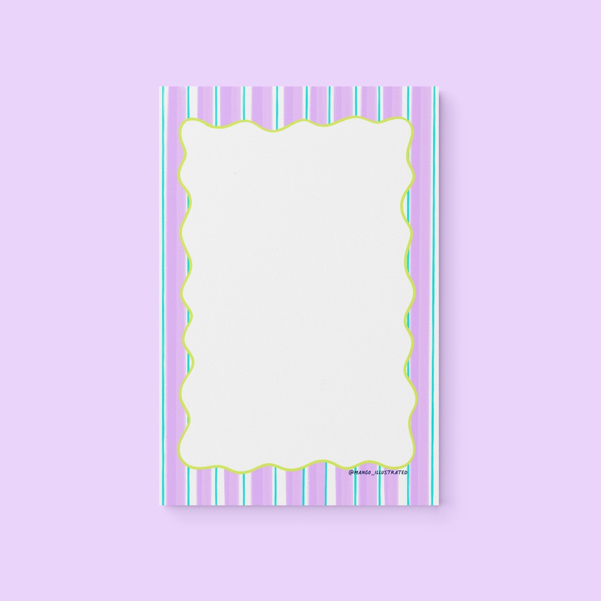 Purple Stripes Notepad flat lay — aesthetic pastel blank desk notepad by indie artist MangoIllustrated