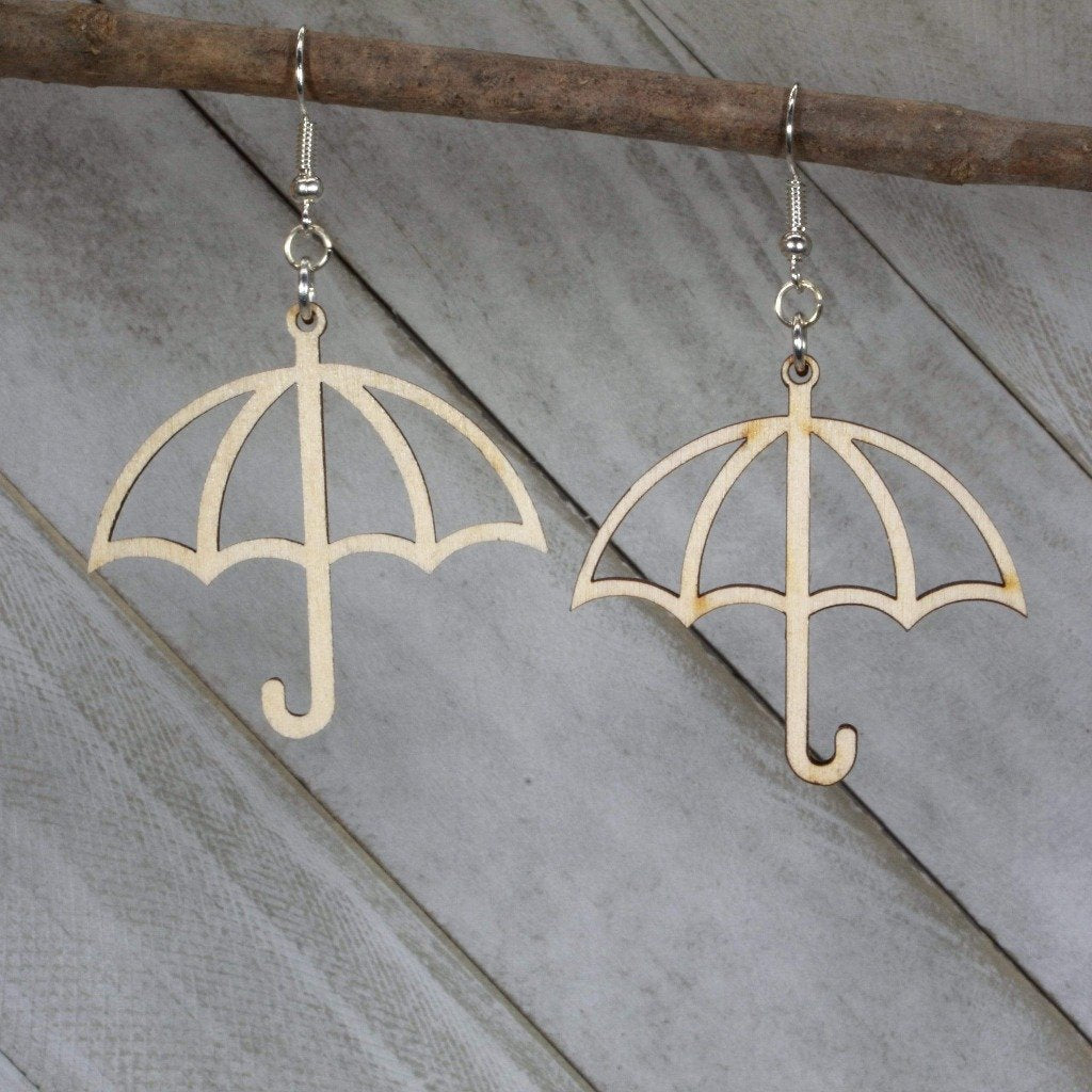 Rainy Day Umbrella Wooden Dangle Earrings - Natural Wood - Cate&