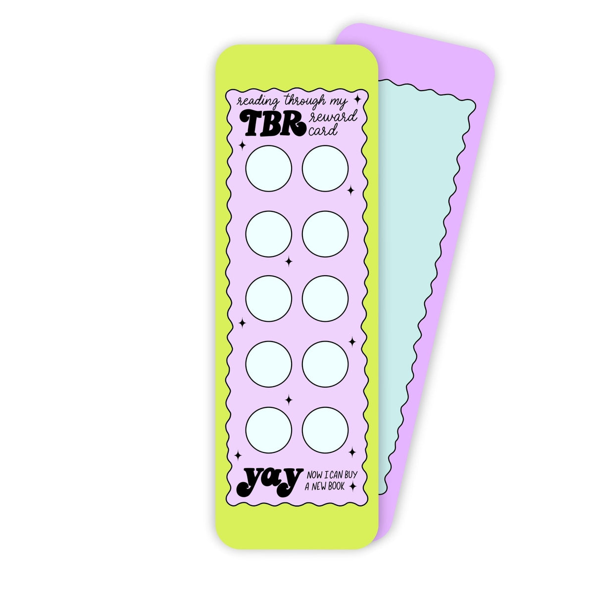 Reading Reward Bookmark in the lilac and lime colorway — TBR punch card tracker by indie artist MangoIllustrated