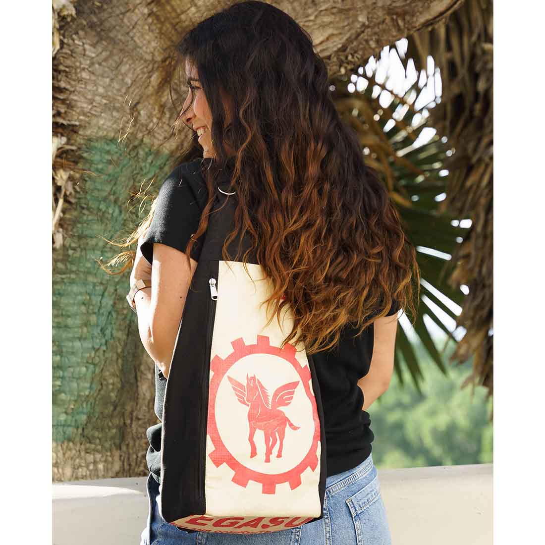 sling style backpack from recycled cement bags - pegasus