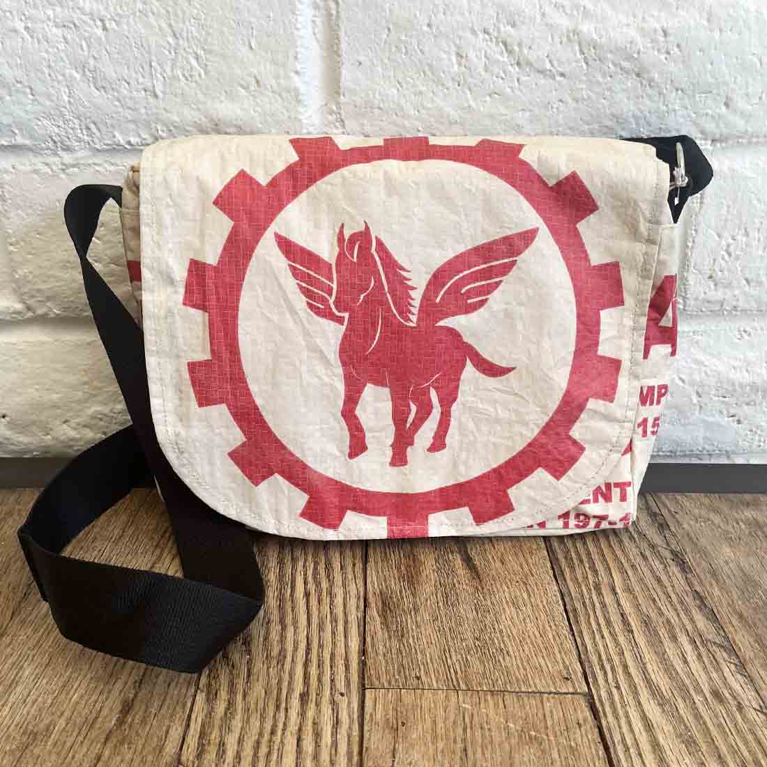 small fair trade messenger bag from recycled cement bags - pegasus