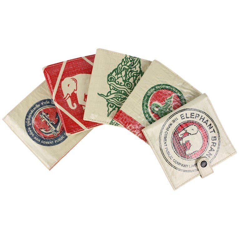group of slim square recycled wallets in varous designs