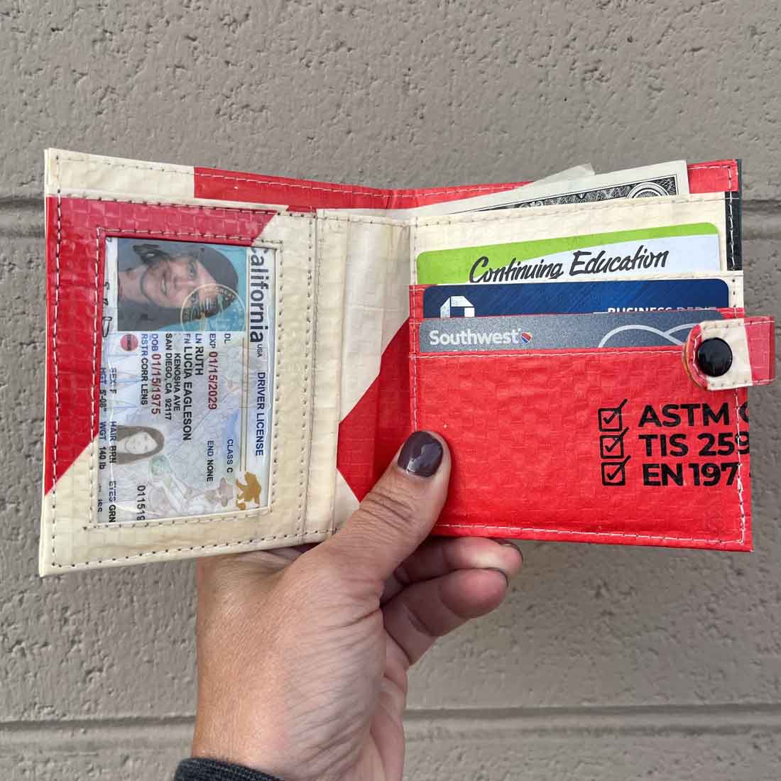 interior of sustainable wallet crafted from recycled cement bags