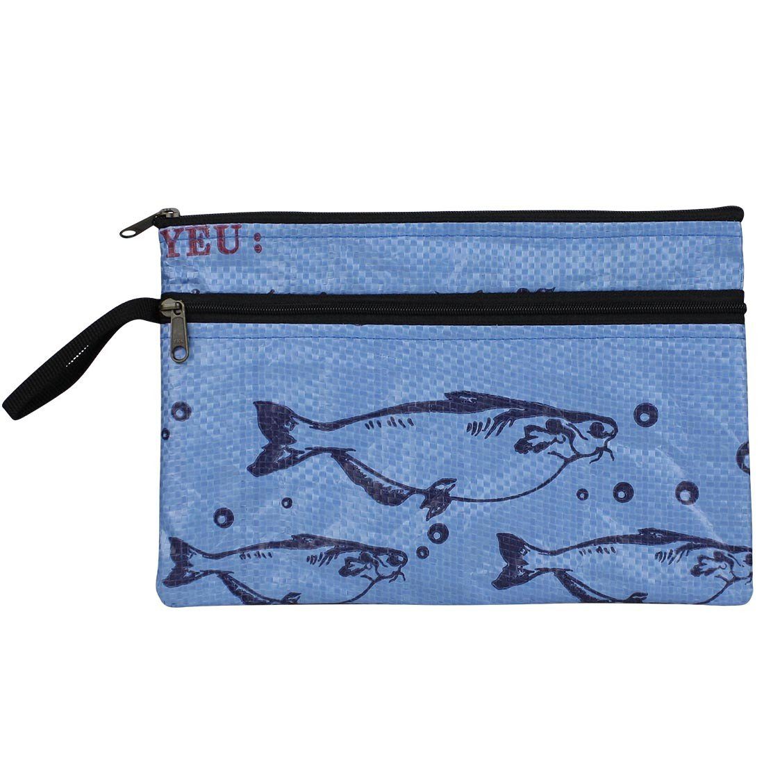 blue fish print recycled pouch