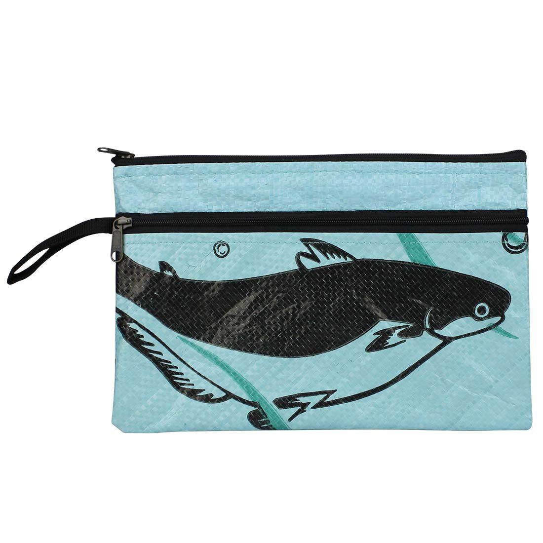 blue fish print recycled pouch