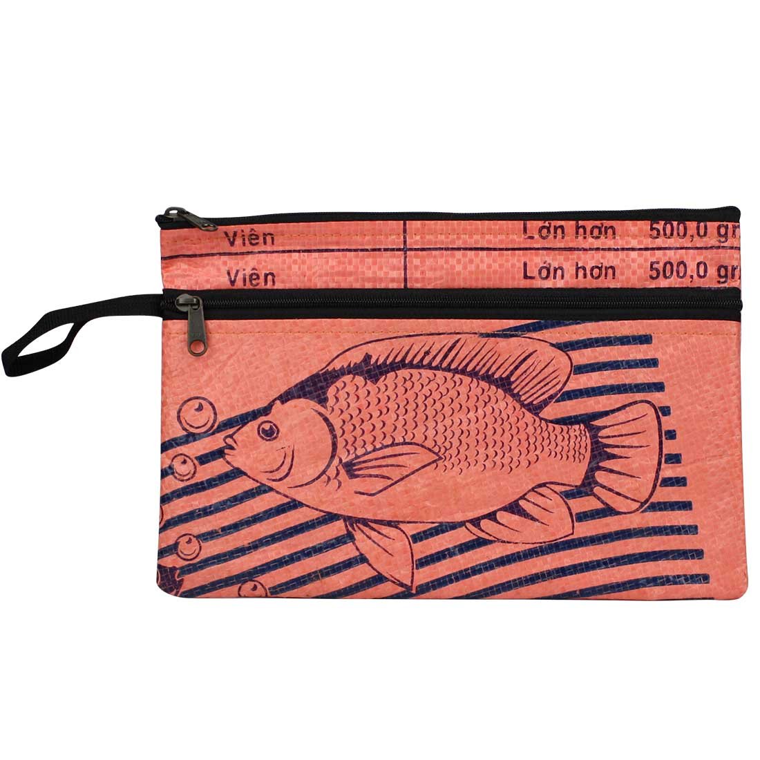 orange fish print recycled pouch