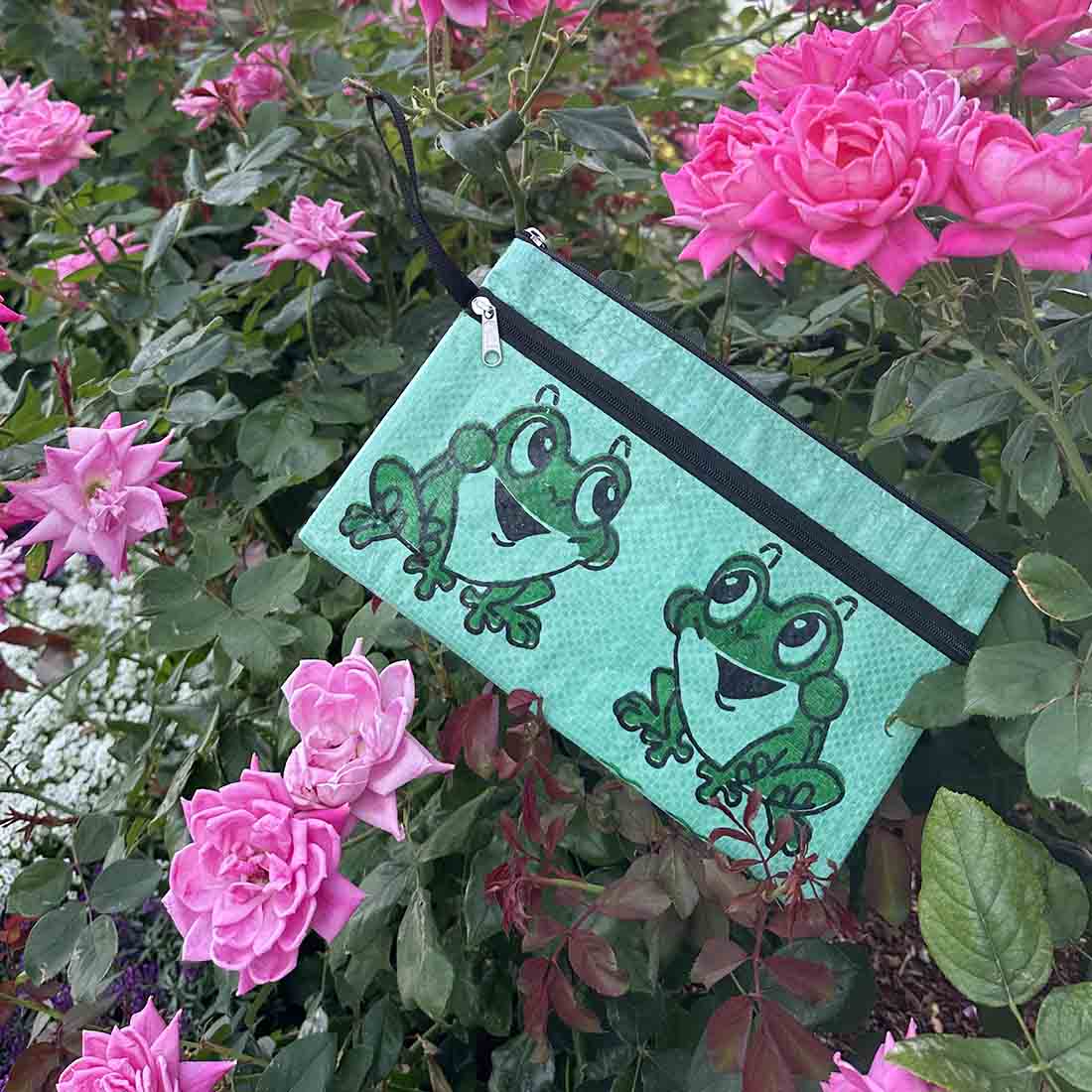 green frog print recycled pouch