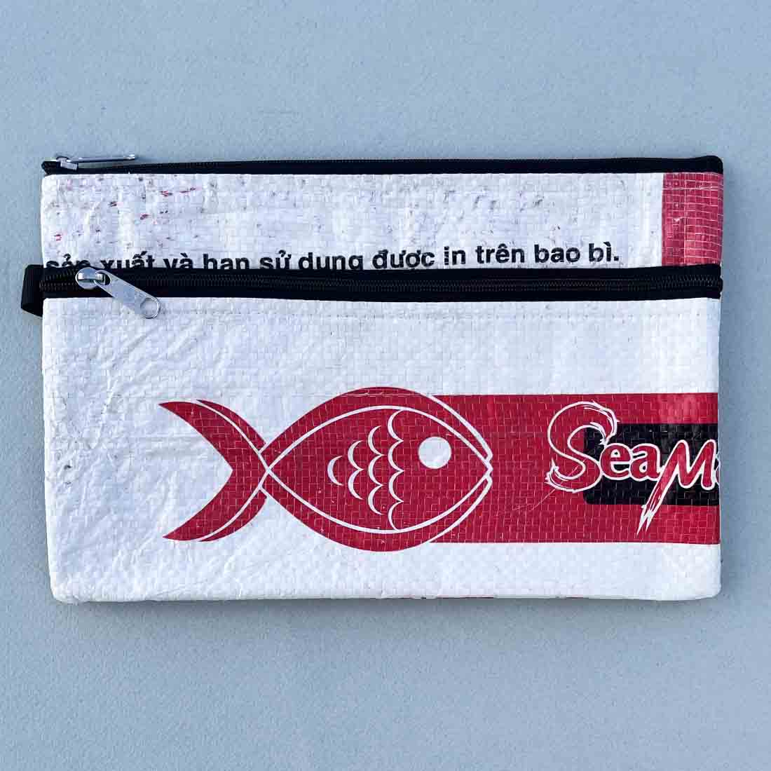 white fish print recycled pouch