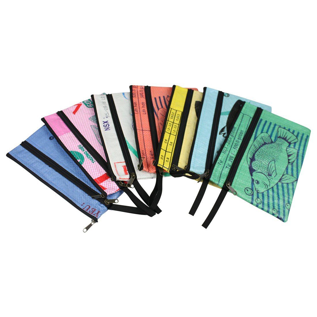 Asssortment of colorful recycled zip pouches