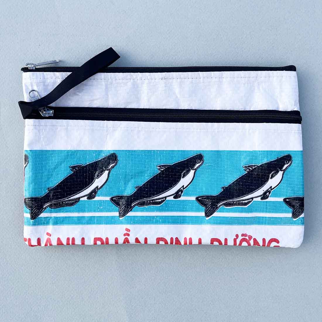 white fish print recycled pouch