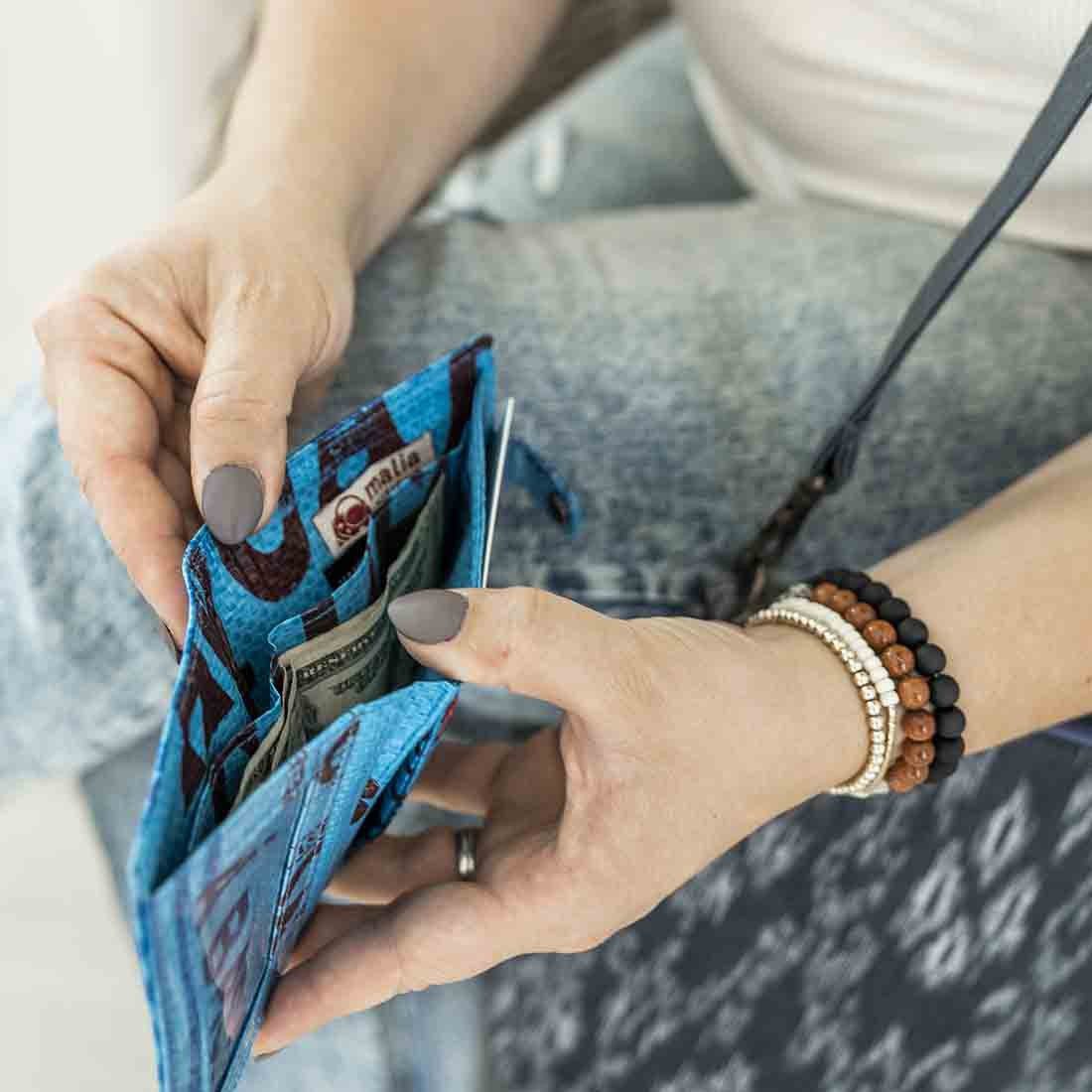 interior of blue recycled wallet made from repurposed materials
