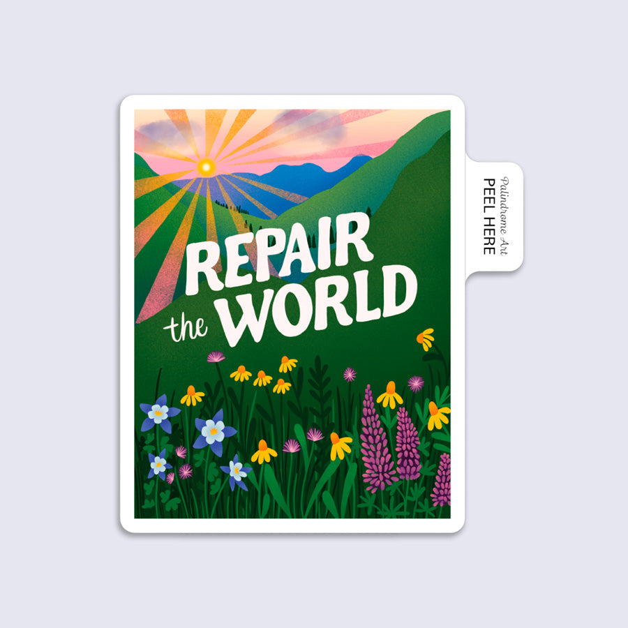 rectangular sticker with a peel tab featuring an illustration of a sun setting over mountains with flowers and lettering that says "repair the world"