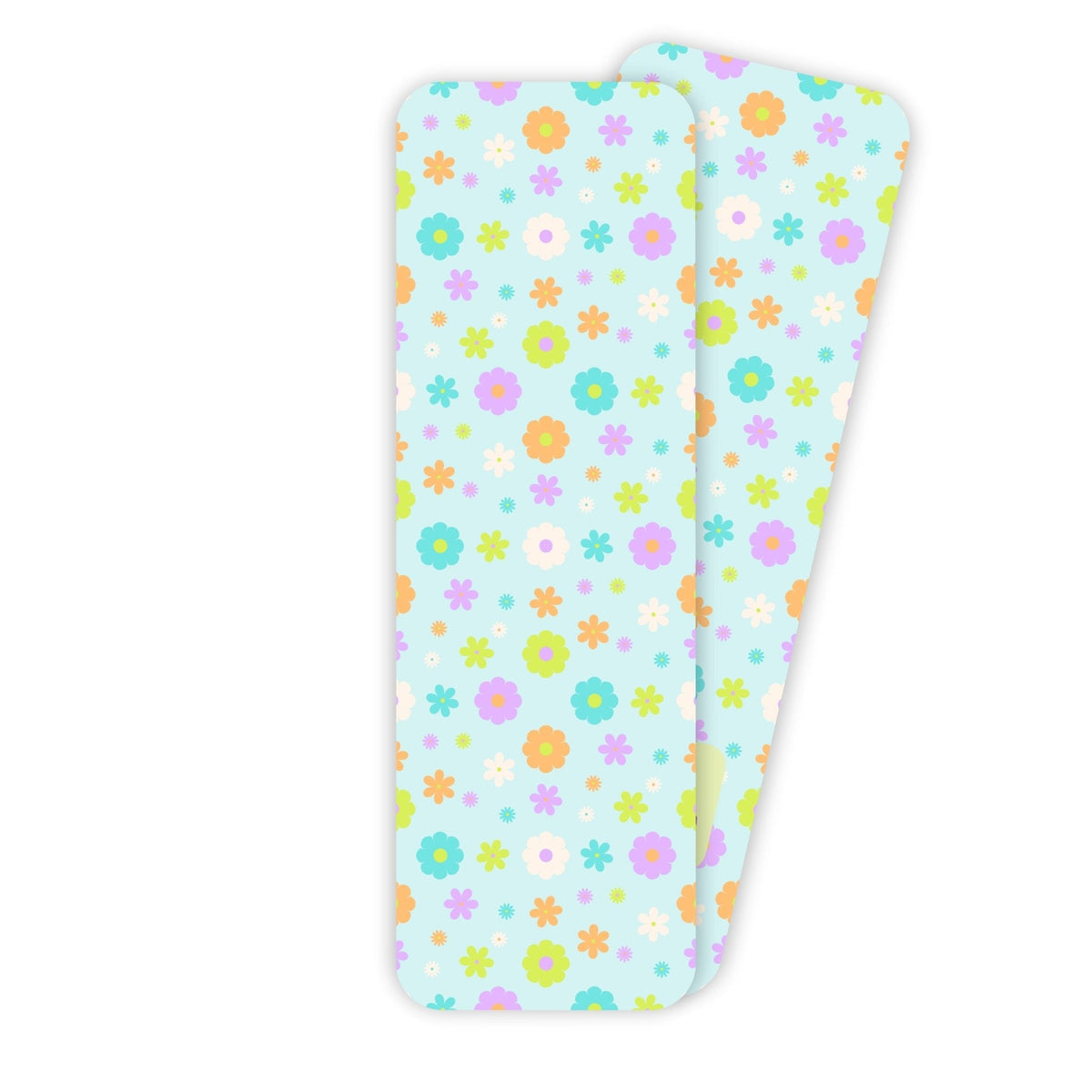 Retro Neon Daisies Bookmark — multicolor retro daisies in blue, lilac, orange, and green on soft aqua, 2x6 in, by MangoIllustrated