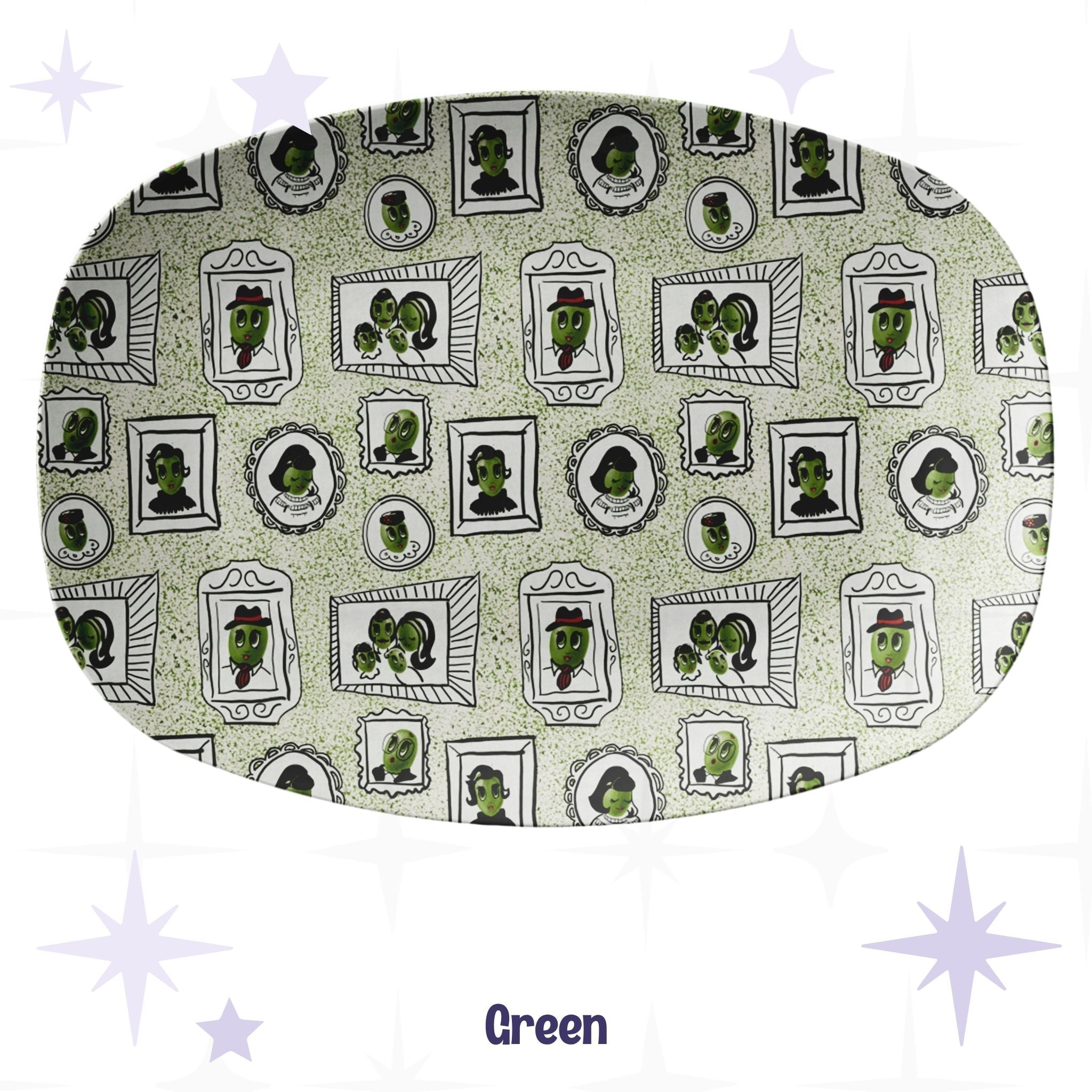 Retro olive portrait serving platter in sage green speckle colorway showing full allover mid-century gallery wall pattern of framed illustrated olive characters on pale sage terrazzo-style ground