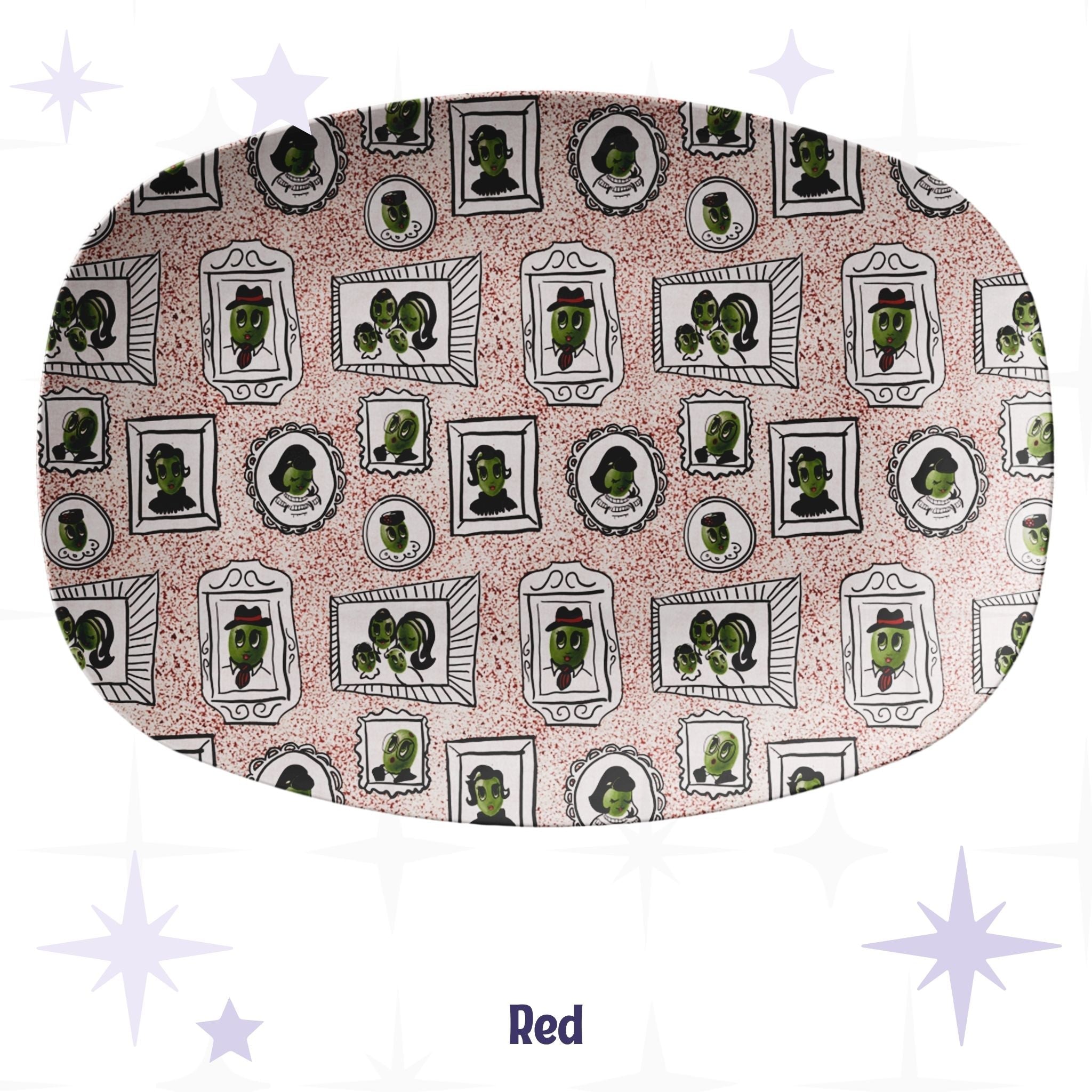 Retro olive portrait serving platter in red speckle colorway showing full allover mid-century gallery wall pattern of framed illustrated olive characters on warm blush crimson-speckle ground