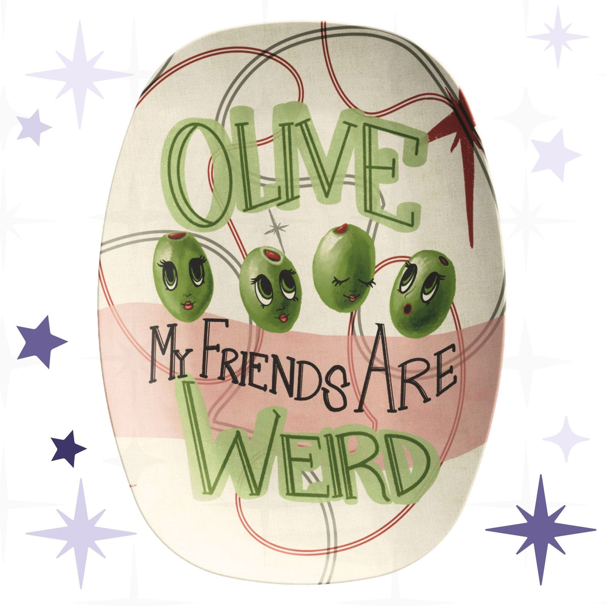 Retro serving platter with mid-century modern olive pun illustration reading "Olive my friends are weird," featuring four illustrated olive characters with expressive lashed eyes, sage green dimensional block lettering, blush pink color block, and atomic starburst motif on cream ground