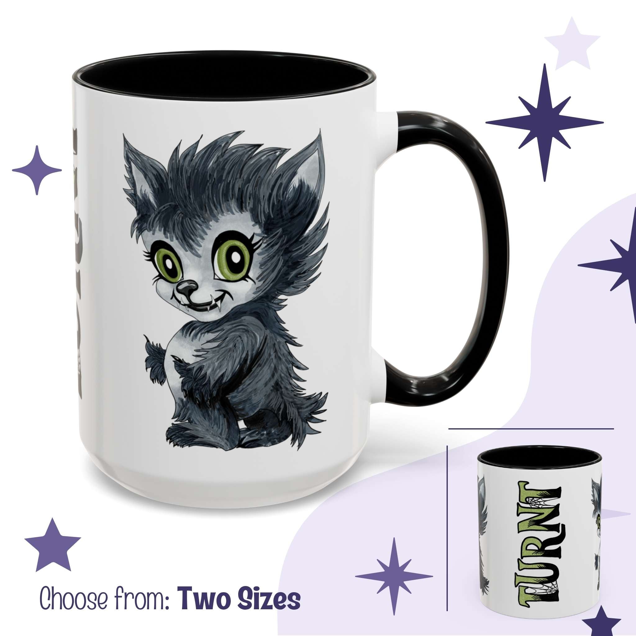 Retro cute werewolf mug in white with black handle, chibi monster pup facing forward with TURNT reveal inset, two sizes
