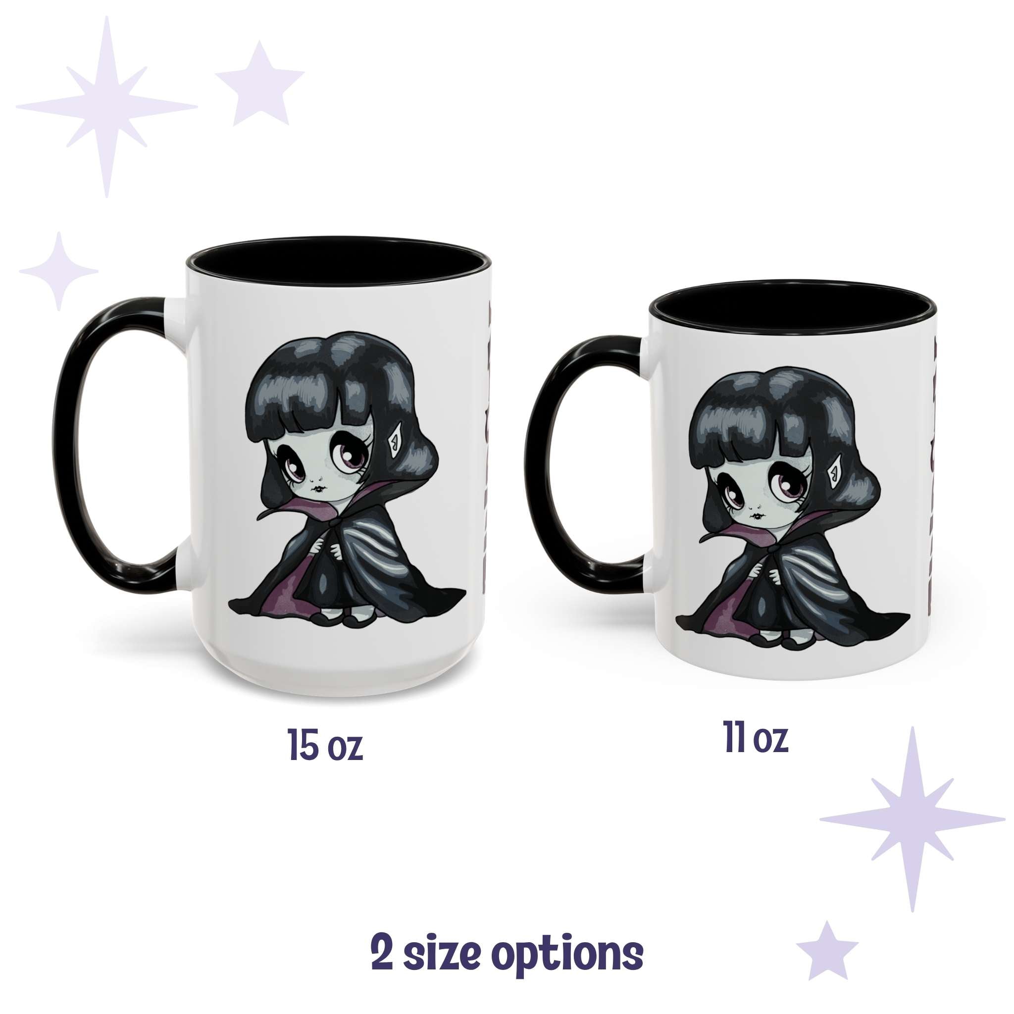 Chibi werewolf goth mug shown in 15 oz and 11 oz, white ceramic with black interior and handle